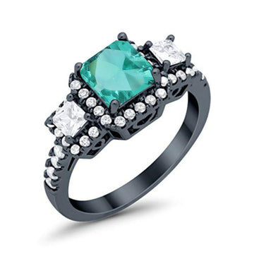 Three Stone Princess Wedding Black Tone, Simulated Paraiba Tourmaline CZ Ring 925 Sterling Silver